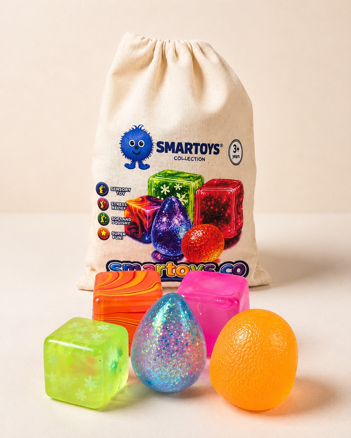 Smartoys Mini Sensory Squishy Toy Set with Storage Bag, Ages 3+, 5-Piece